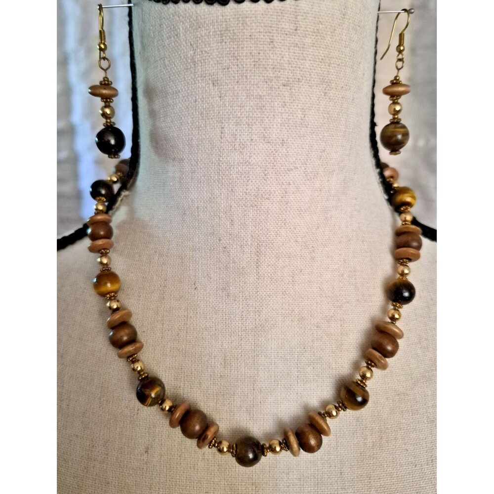 Tigers Eye Wood Gold Beaded Necklace & Earrings Boho